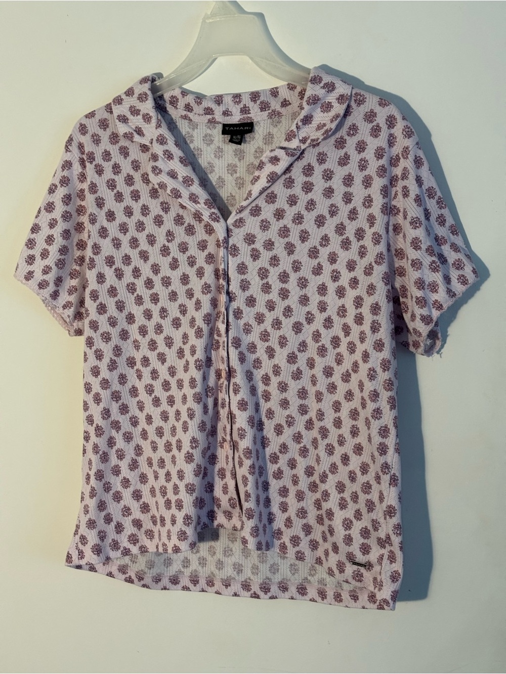 Tahari Floral Print Polo Top Pink Purple Short Sleeve Women’s XL Knit Shirt